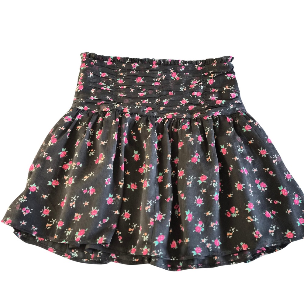 Abound Floral Smocked Mini Skirt Black Pink Rosebud Chiffon Tiered Small XX7930‎
